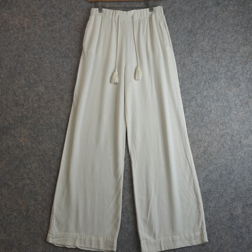 ALALA Seaside Pants‎ Womens S Bone Cream Linen Blend Wide Leg Drawstring Coastal